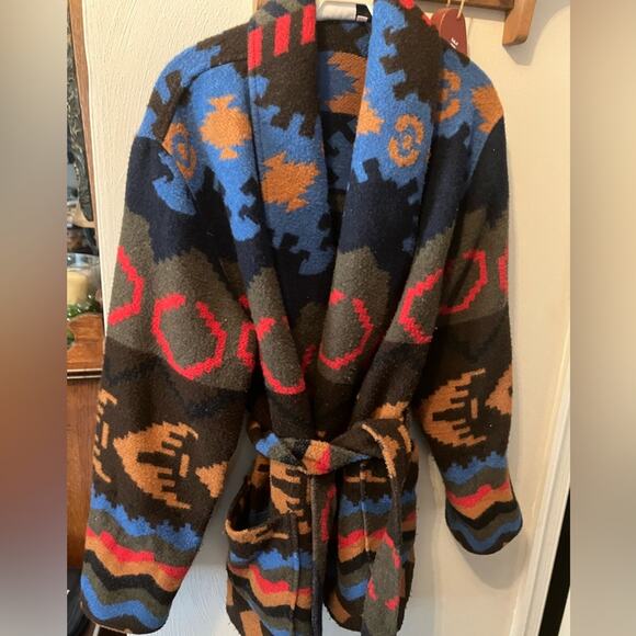 VTG Rafaella Aztec southwestern print wool tie waist shawl cardigan coat M - Picture 1 of 5